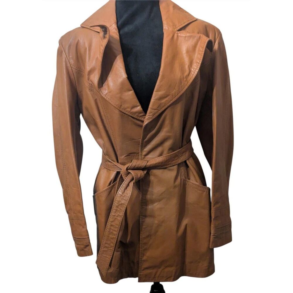 Vintage Penny Lane Western Tan Leather Trench Coat Belted Size 36 Boho 70s
